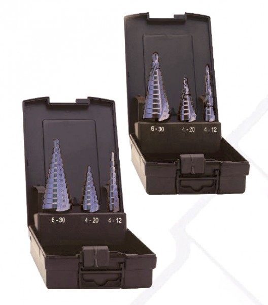 3-tlg. Stufenbohrersatz HSSE, cobalt, TIALN, 4 - 12 x 1 mm, 4 - 20 x 2 mm, 6 - 30 x 2 mm