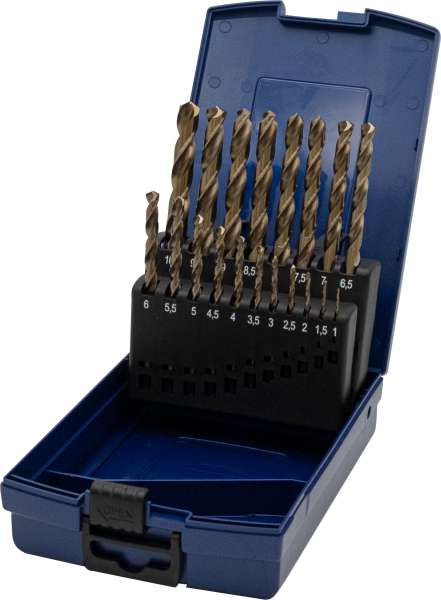 Spiralbohrersatz DIN 338, 19-tlg., HSS-Co Typ N, rechts, in Rose-Kunstoffbox BLAU