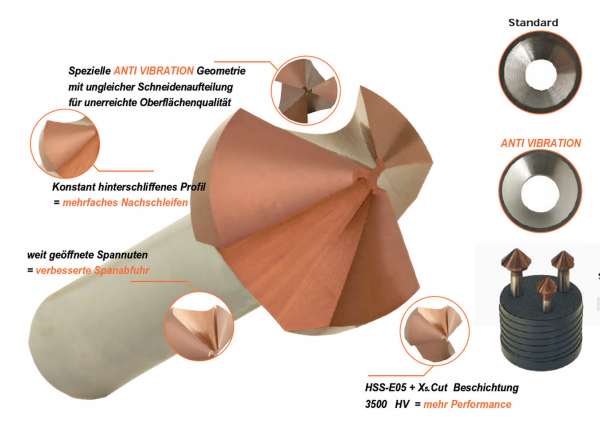 3er Set Anti Vibration Kegelsenker aus HSS-E05 - Ungleiche Teilung, X5 Cut beschichtet, gross