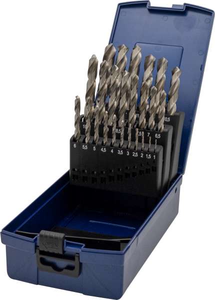 Spiralbohrersatz DIN 338, 25-tlg., HSS-GK Typ N, rechts, in Rose-Kunstoffbox BLAU