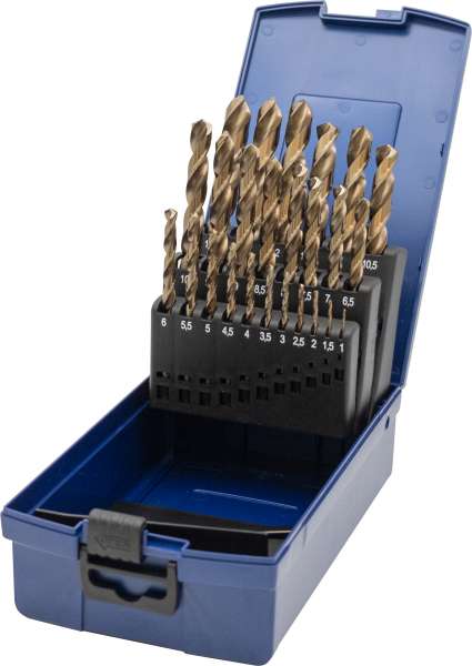 Spiralbohrersatz DIN 338, 25-tlg., HSS-Co Typ N, rechts, in Rose-Kunstoffbox BLAU