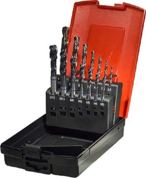 Maschinengewindebohrer 14tlg. HSS, Sätze M3 - M 12, Blauring,Stahlbearbeitung, Grund/Sacklöcher