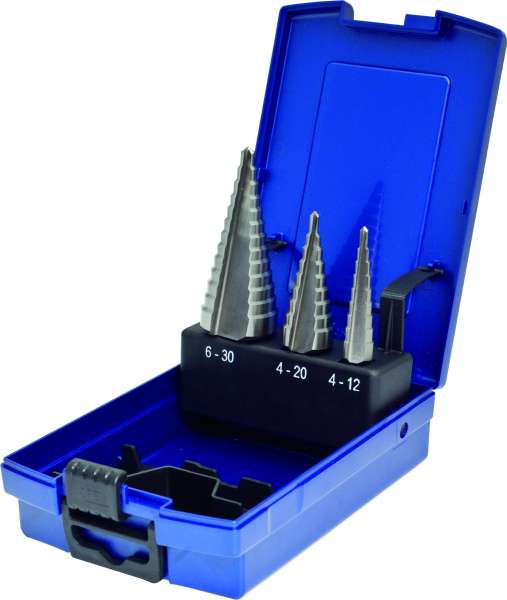 3-tlg. HSS-Co Stufenbohrer-Satz STANDARD, 4-12/1mm 4-20/2mm 6-30/2mm, gerade genutet