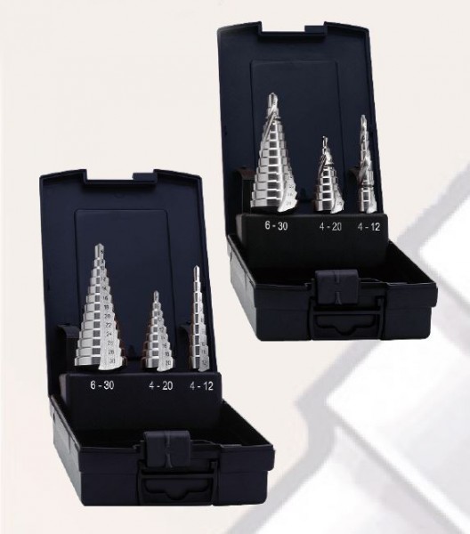 3-tlg. Stufenbohrersatz HSS, blank, 4 - 12 x 1 mm, 4 - 20 x 2 mm, 6 - 30 x 2 mm