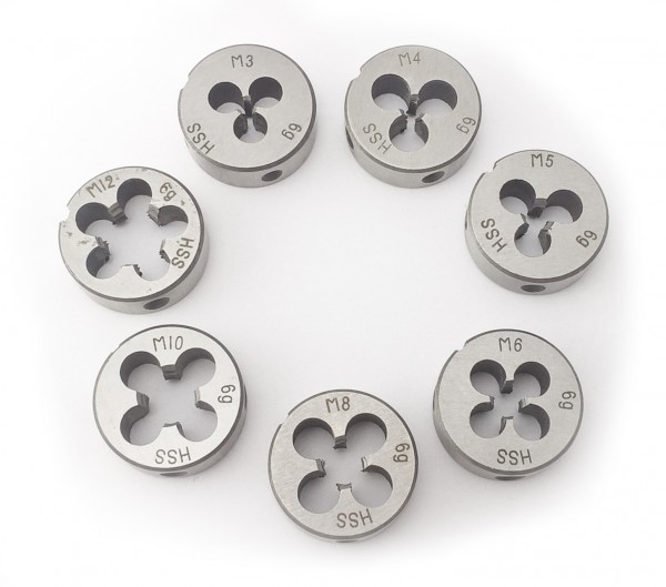 7-tlg. Schneideisen - Satz, HSS-G rund, 25 x 9 mm, M3 M4 M5 M6 M8 M10 M12