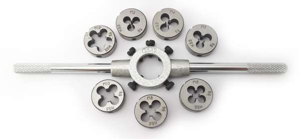 8-tlg. Schneideisen - Satz, HSS-G rund, 25 x 9 mm, M3  M12, inkl. Schneideisenhalter