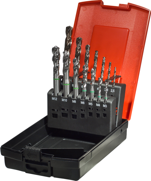14-tlg. Maschinengewindebohrer Satz, 7 MGB C35° + 7 Kernlochbohrer, HSSE vaporisiert Typ H