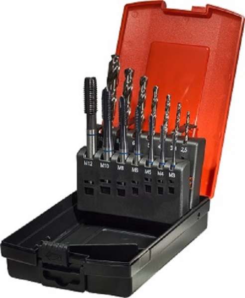 Maschinengewindebohrer 14tlg. HSS, M3 - M 12, Blauring,Stahlbearbeitung, Durchgangslöcher