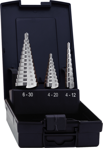 HSS Stufenbohrersätze gerade genutet in Kunststoff-Kassette
