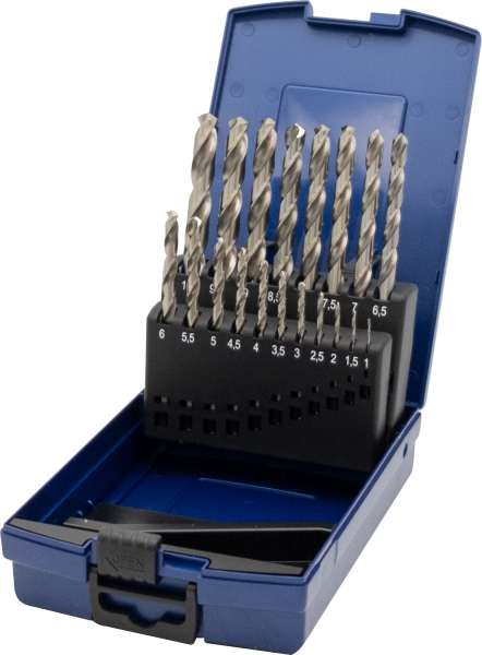 Spiralbohrersatz 19-tlg, HSS-Co5, DIN 338 RN, blank, mit Kreuzanschliff