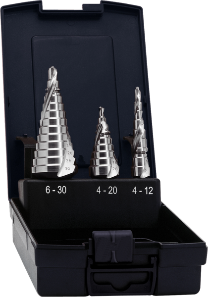 HSSE Cobalt Stufenbohrersätze spiral genutet in Kunststoff-Kassette