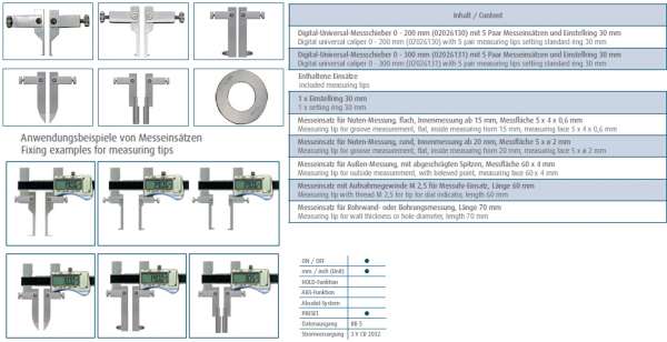 Digital-Universal-Messschieber / Schieblehre im Satz 7-tlg. mit PRESET-Funktion